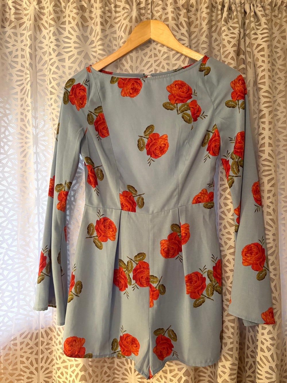 Urban Outfitters Scoop-Neck Long-Sleeve Romper in Light Blue with Red Roses